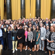The 2018 Pulitzer Prize winners alongside Columbia University President Lee C. Bollinger and Pulitzer Board Chair Eugene Robinson. Pulitzer administrator Dana Canedy is pictured in a black-and-white dress near the far right.